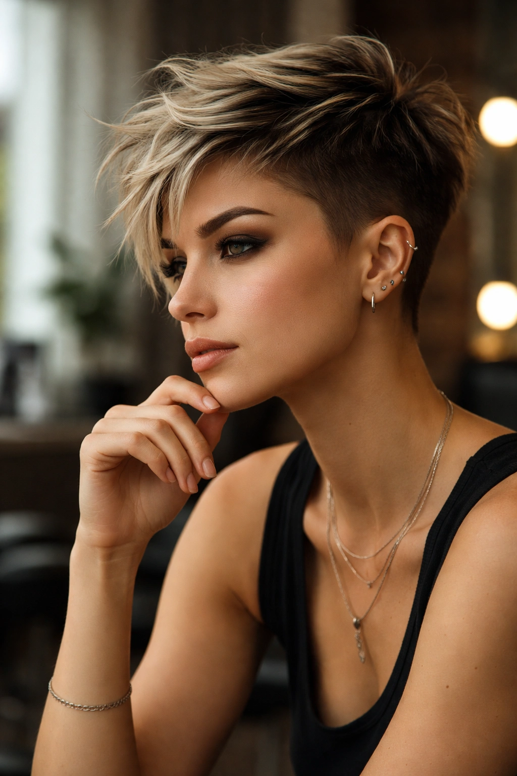 Thoughtful portrait of a person with a bold pixie cut