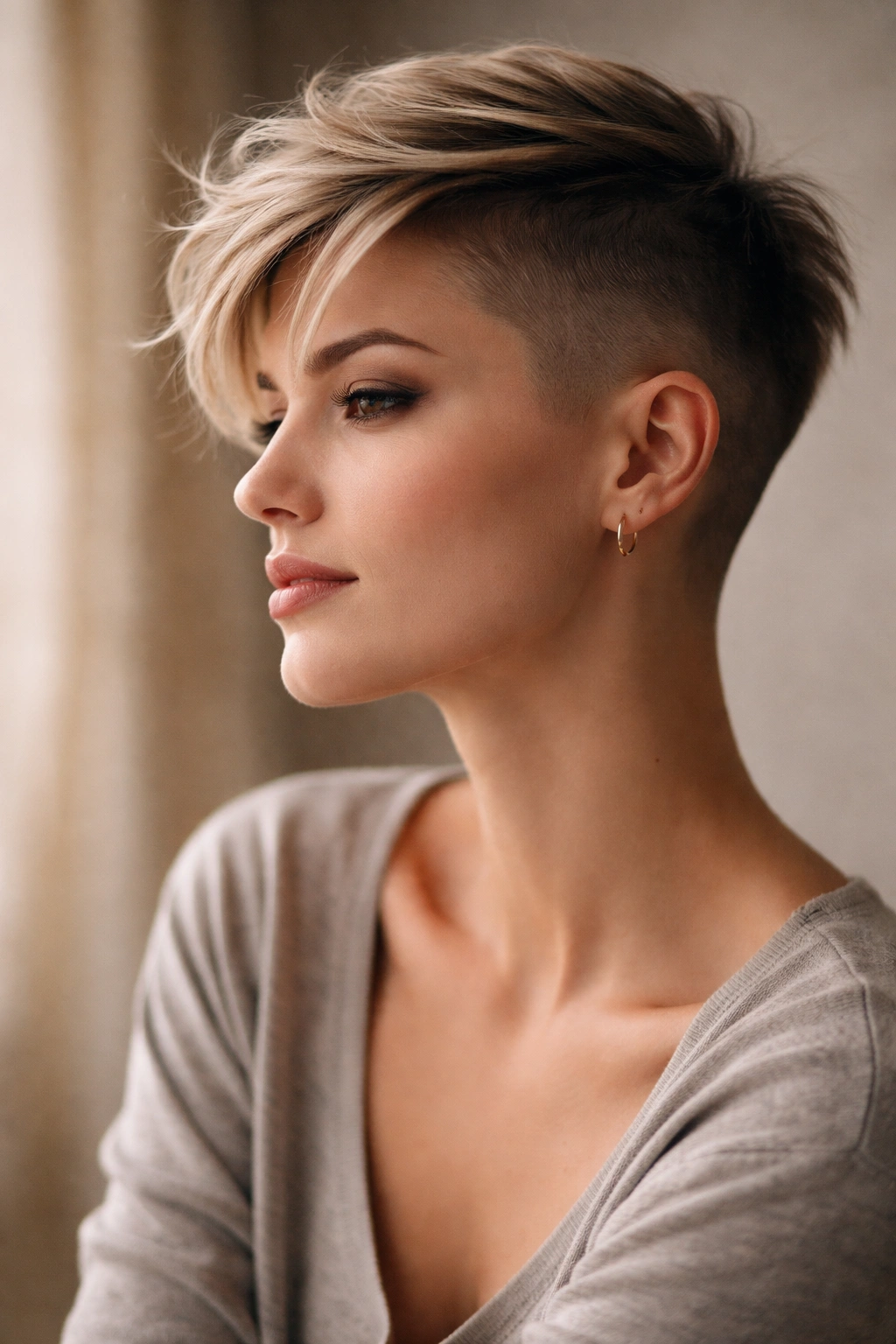 Contemplative portrait of a person with shaved pixie, conveying empowerment and reflection.
