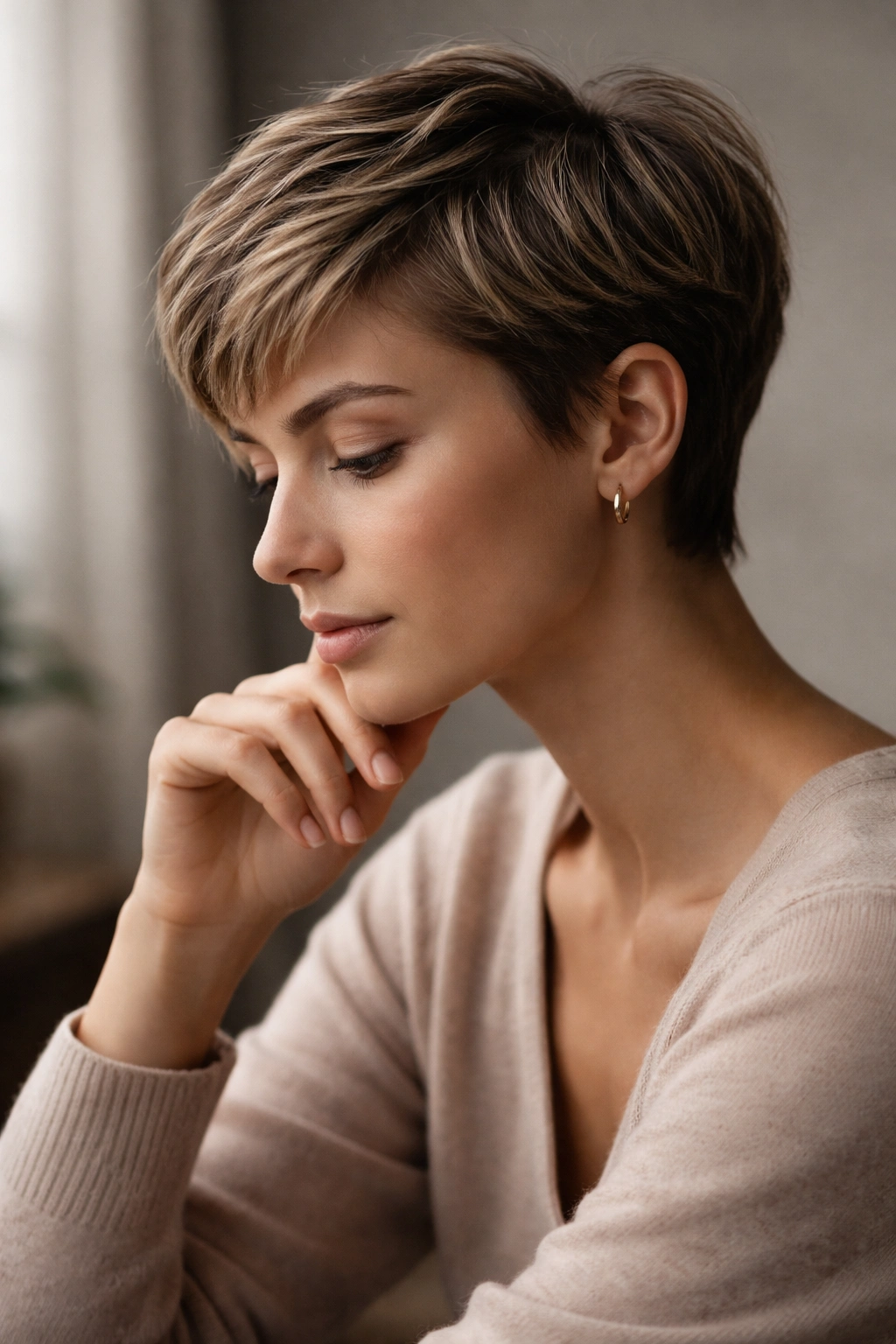 Portrait of a person with a short pixie haircut in a thoughtful pose