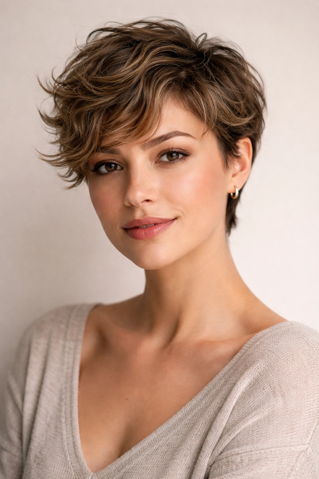 Portrait of a person with a soft, textured wavy pixie cut conveying confidence.