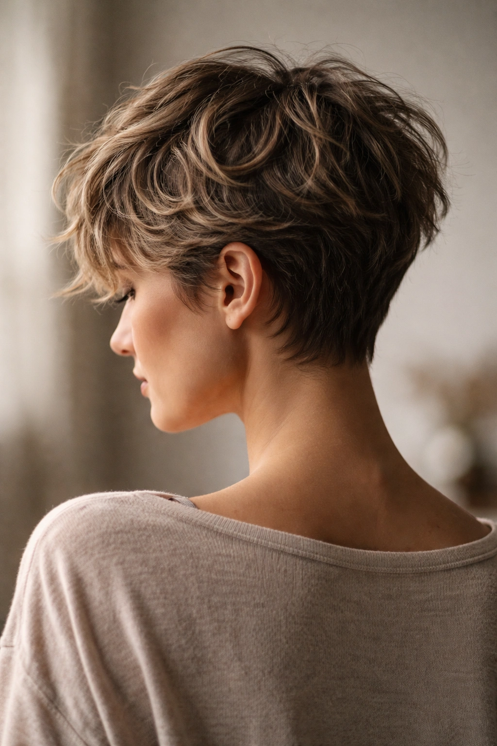 Silhouette of head with short wavy pixie, contemplative lighting