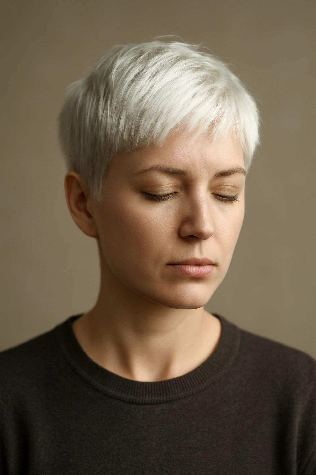 Contemplative portrait of a person with platinum blonde short hair
