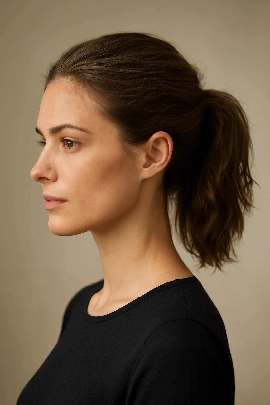 Model with a polished short ponytail in a neutral studio