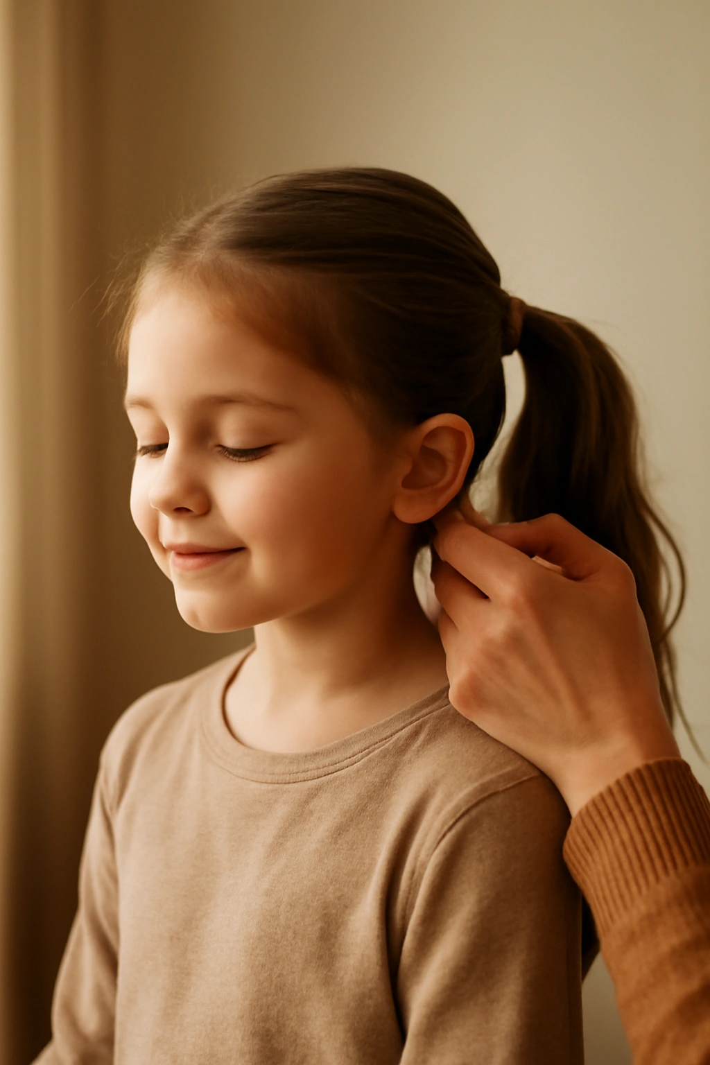 Content child after hairstyle with a parent finishing the look with a final adjustment