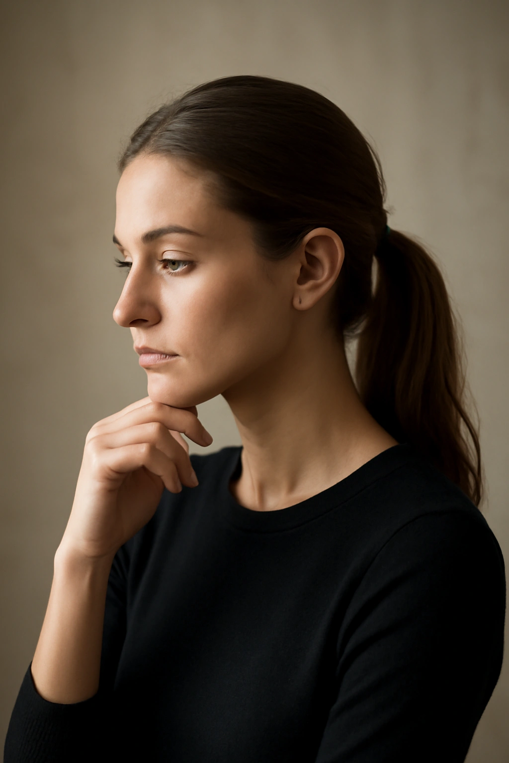 Portrait of a person with a tidy ponytail in a calm studio, conveying final thoughts and confidence.