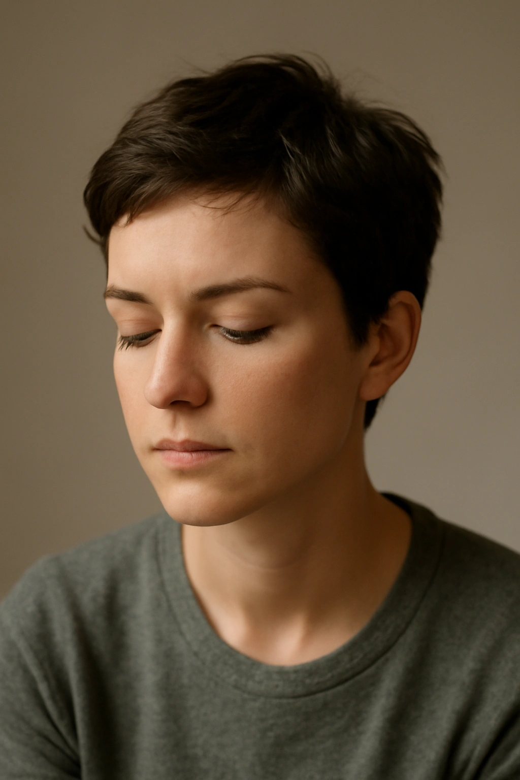 Contemplative portrait of a person with short hair in a neutral studio