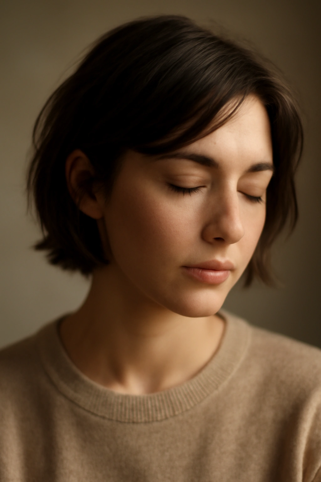 Contemplative portrait conveying final thoughts for date-night hair