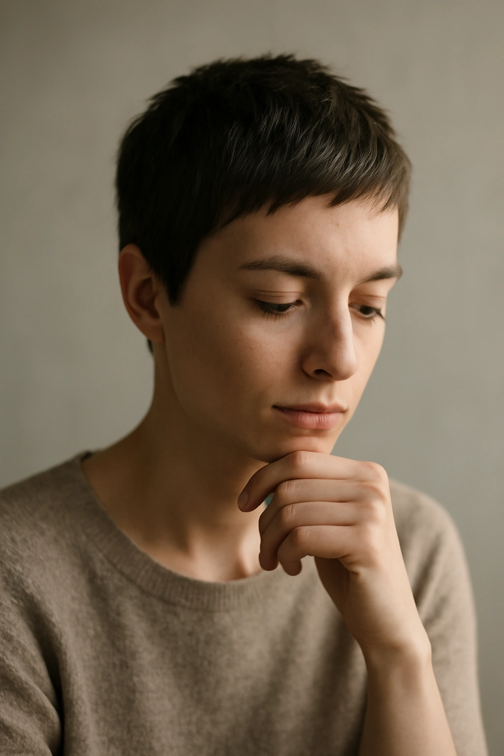 Contemplative portrait of a person with short pixie hair in soft lighting.