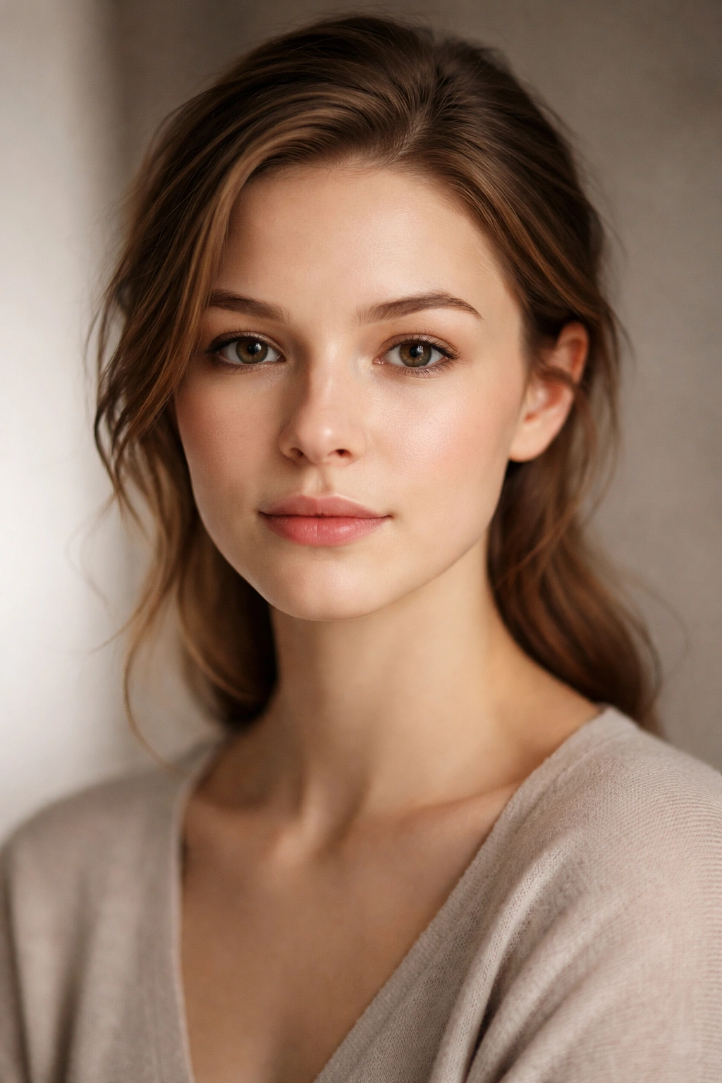 Introspective portrait of a person with a heart-shaped face in calm lighting