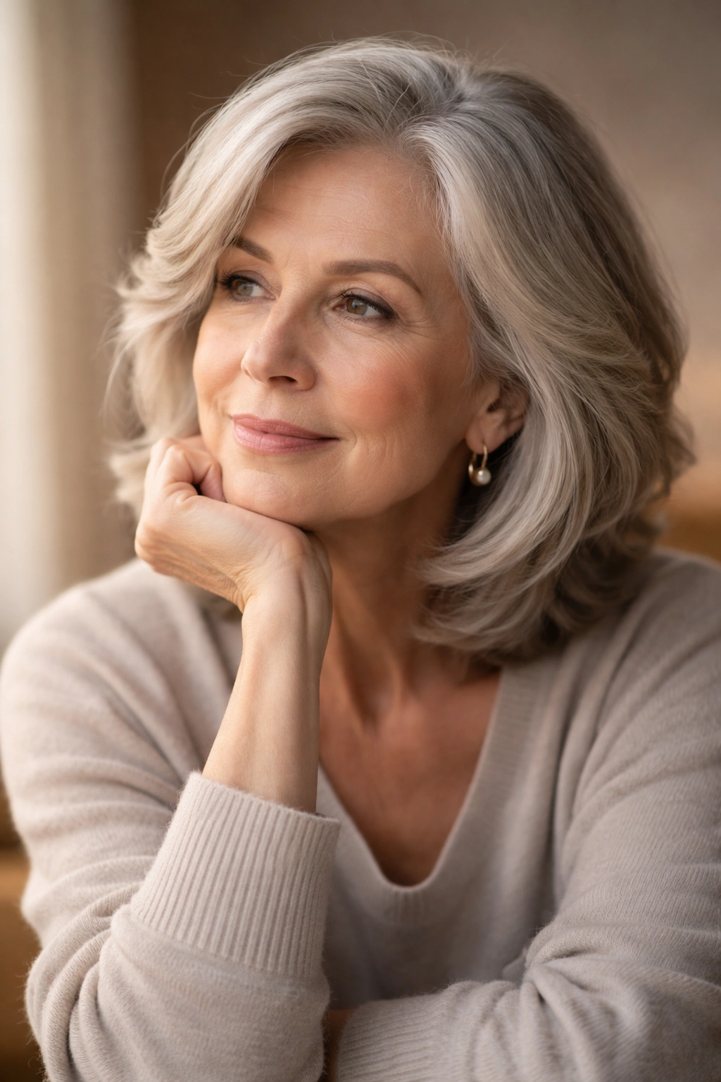 Contemplative portrait of a mature person in a calm studio setting.