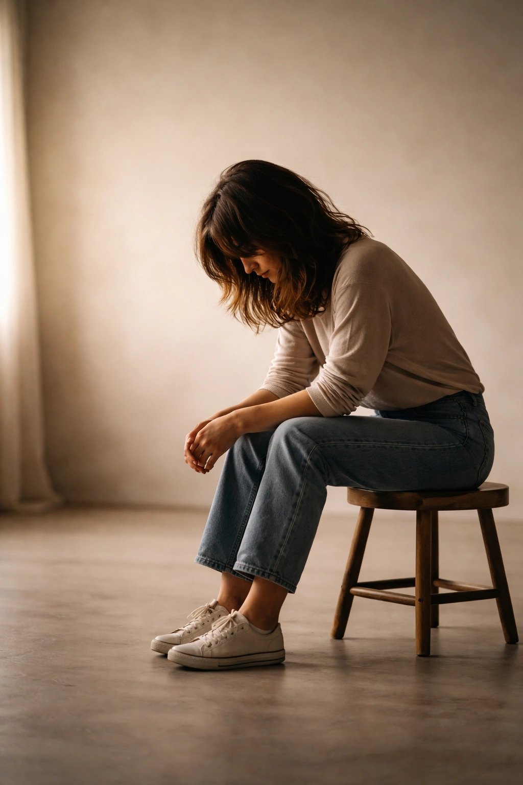 Silhouette in a contemplative pose in a minimalist studio