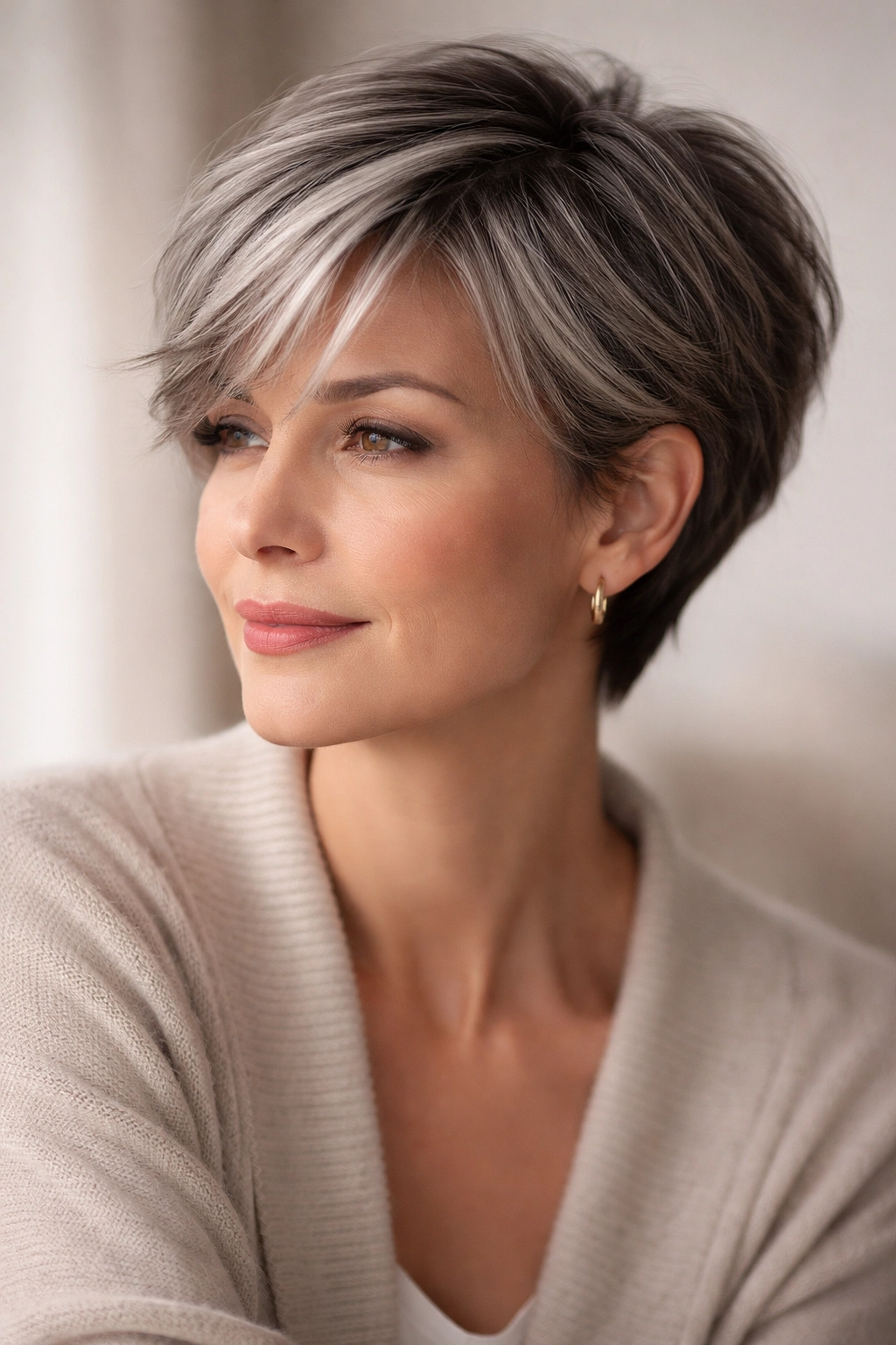Portrait of a person with thoughtful expression and gray-highlighted short hair