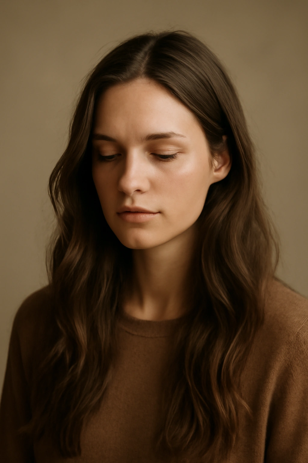 Calm portrait of a woman with long hair in soft lighting and neutral backdrop