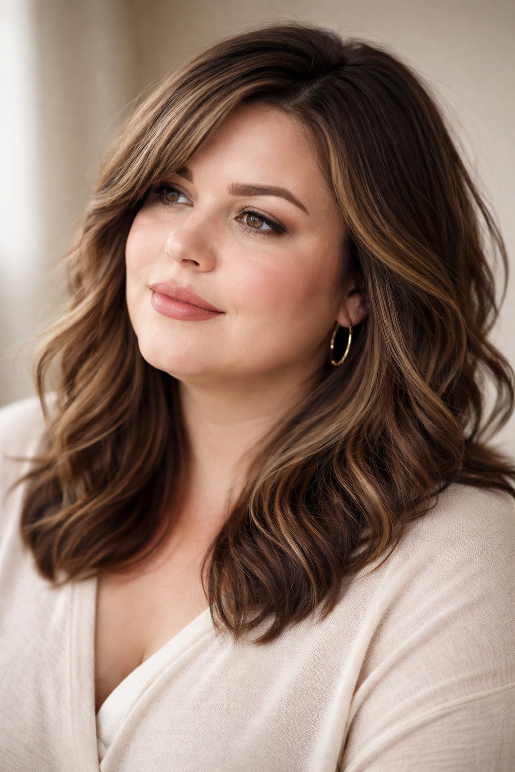 Thoughtful portrait of a person with a fuller face and flattering hairstyle.