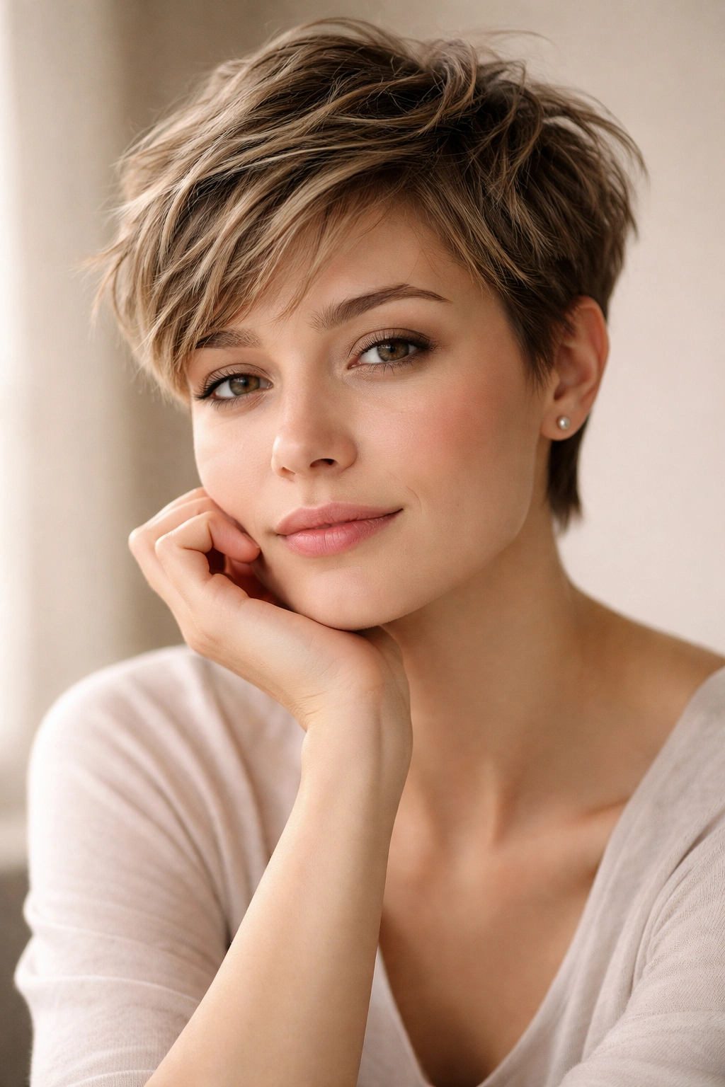 Close-up portrait of a person with a short textured haircut, reflective mood and soft studio lighting