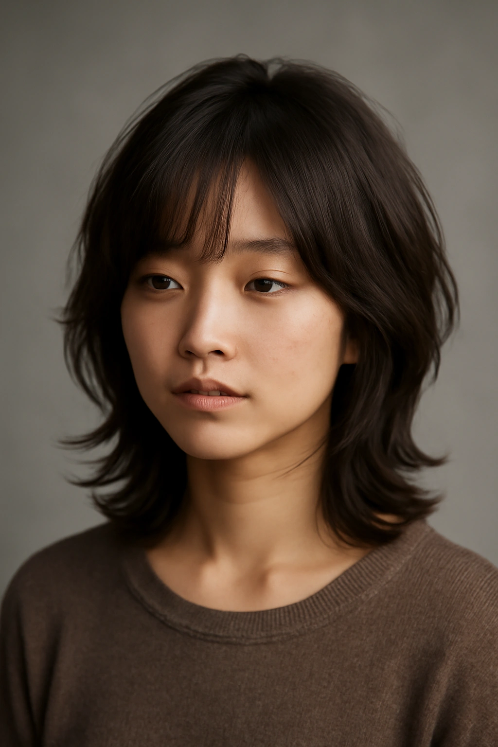 Portrait of a person with a layered Japanese-inspired hairstyle, showcasing movement and texture in a minimalist studio.
