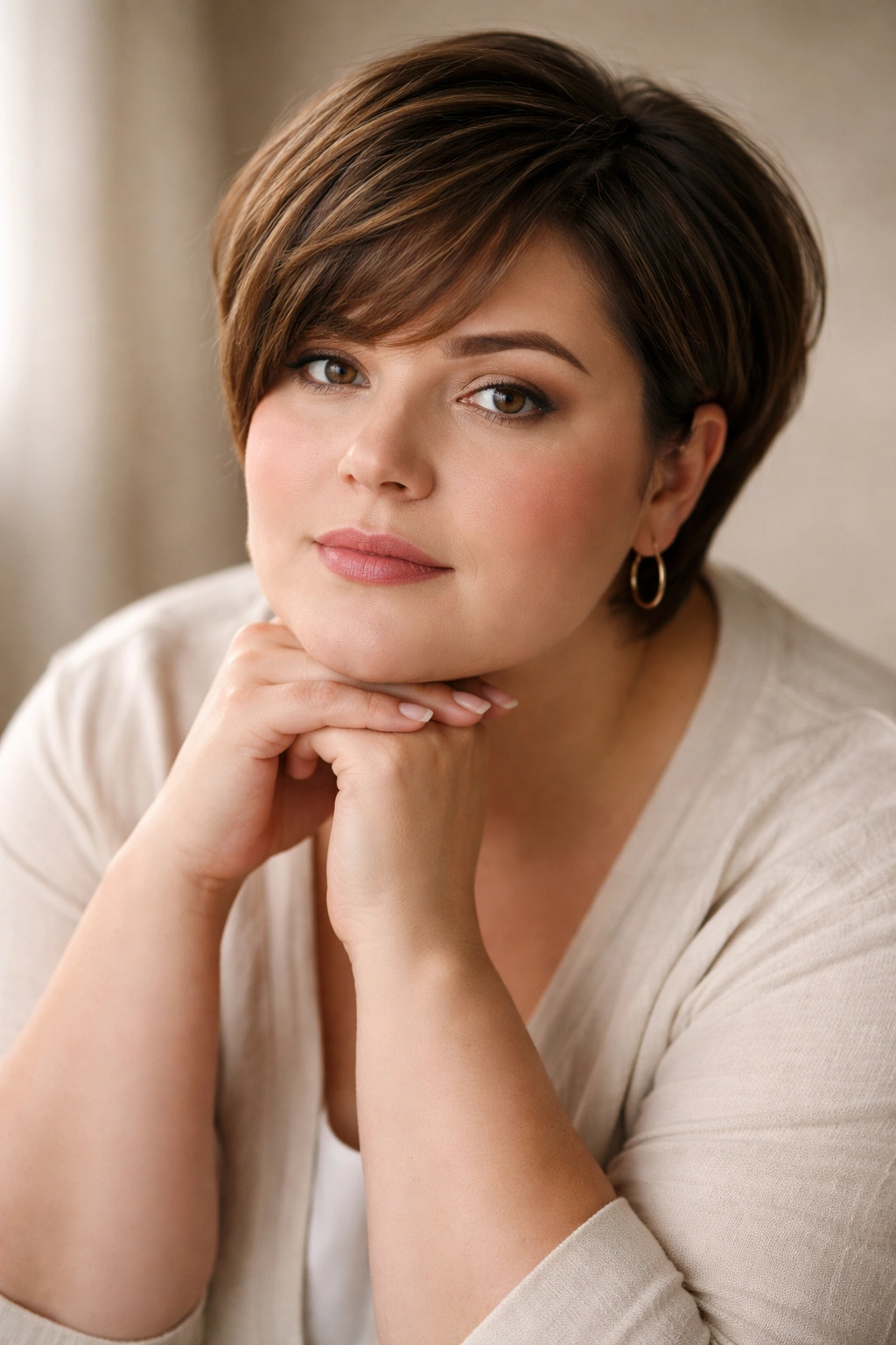 Contemplative portrait of a plus-size woman with a round face in a studio, reflecting final thoughts on haircuts