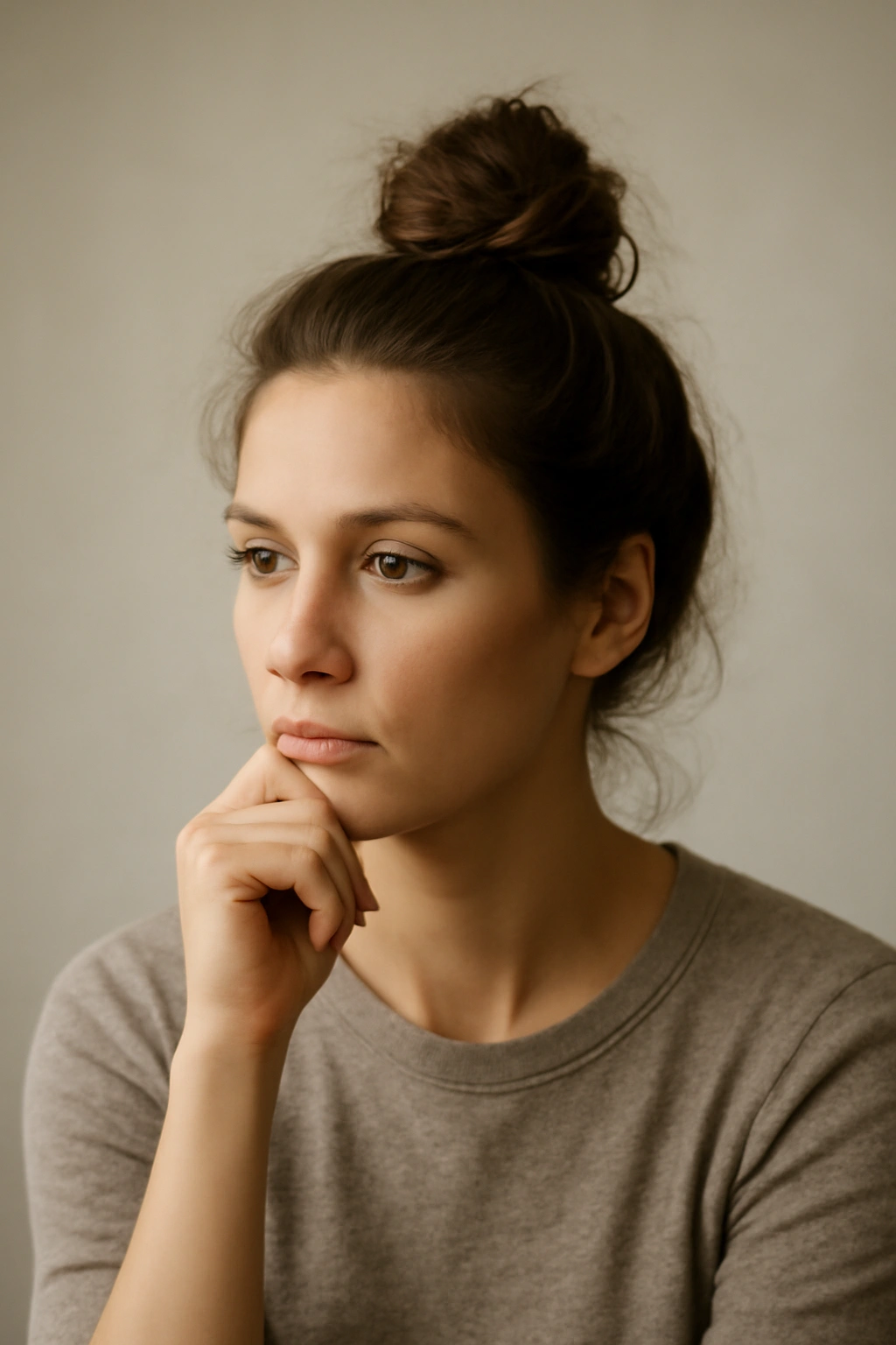 Contemplative portrait reflecting on hairstyle options