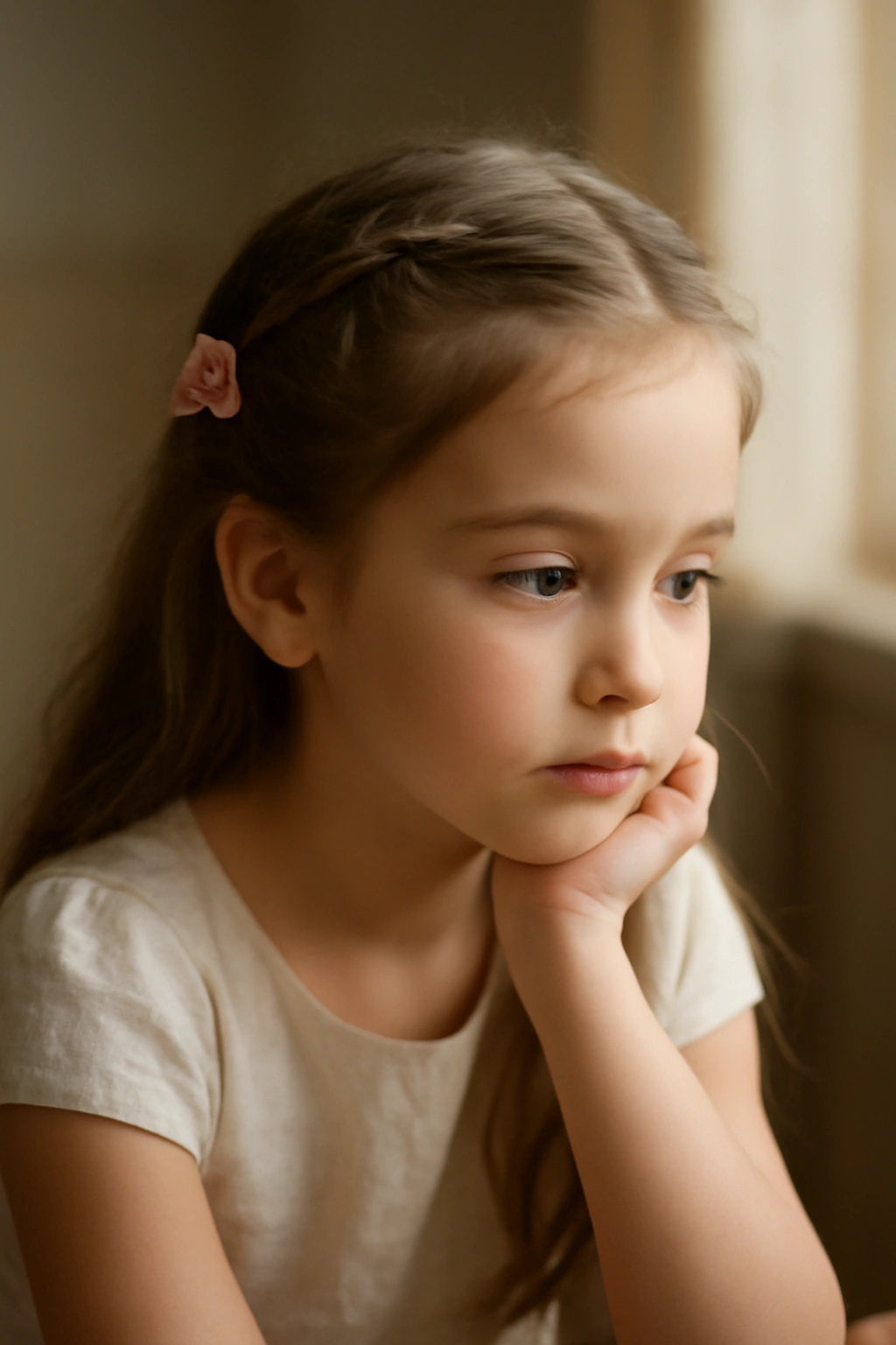 Close-up portrait of a thoughtful girl with a simple Easter hairstyle in warm natural light