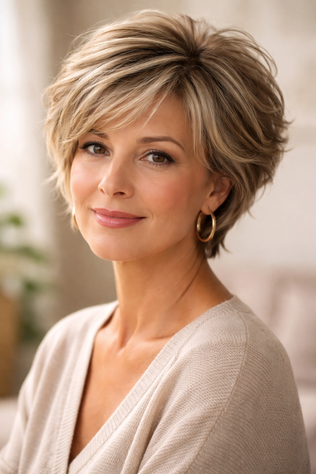 Mature woman with round face over 40 wearing a feathered layered short hairstyle in warm studio light