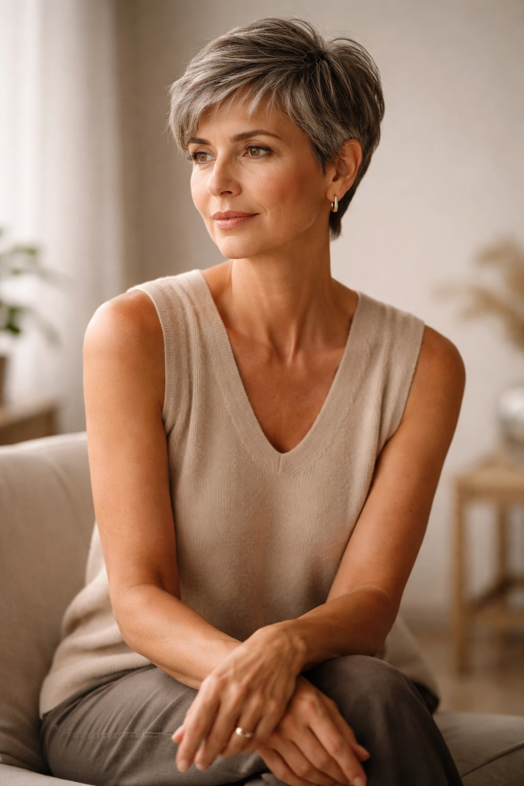 Mature woman in a thoughtful pose in a neutral studio setting with soft lighting