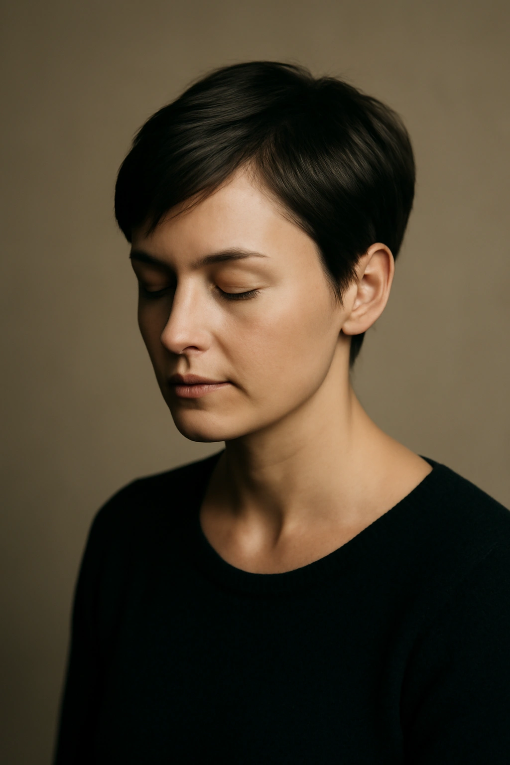 Minimalist portrait conveying final thoughts on formal short hair styling