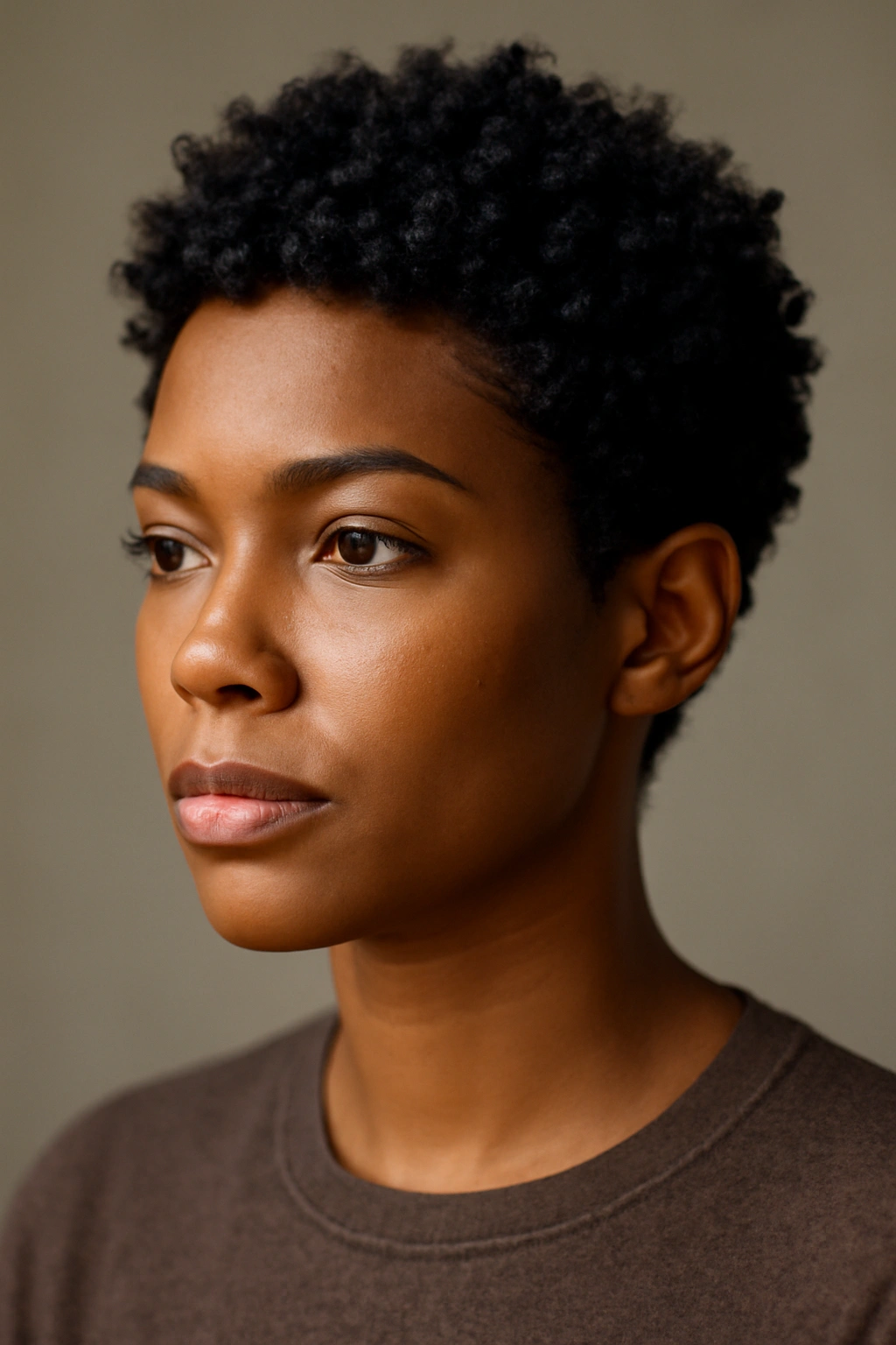 Close-up portrait of a Black woman with a short, defined curly haircut under soft studio lighting