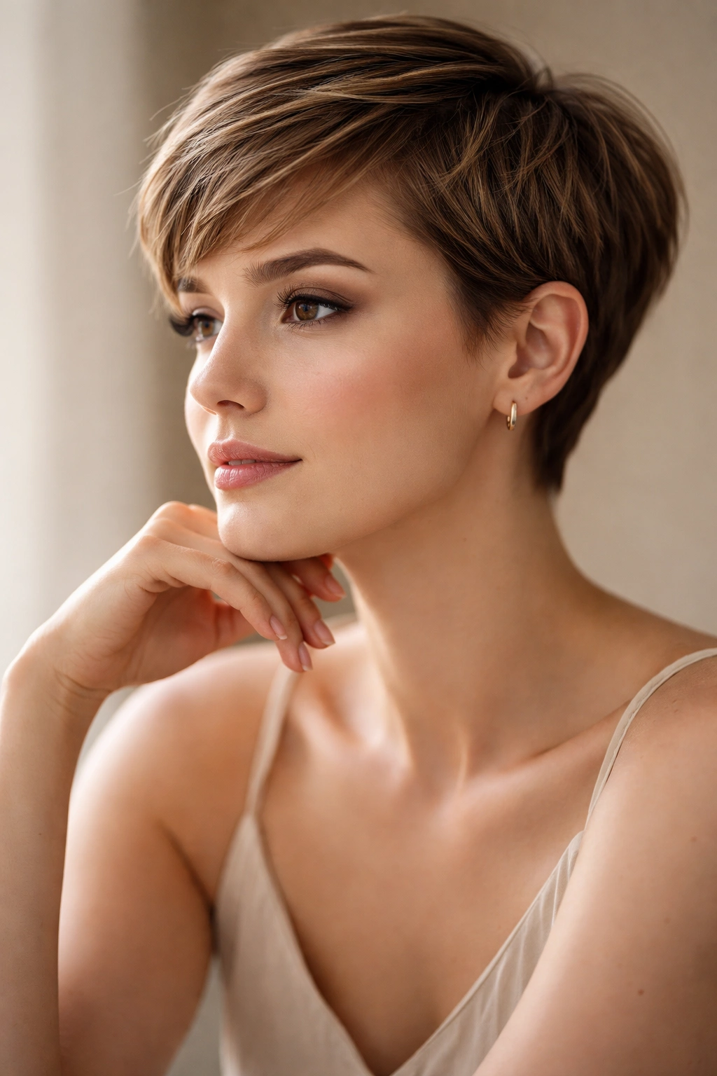 Portrait of a thoughtful person with a feminine short haircut.