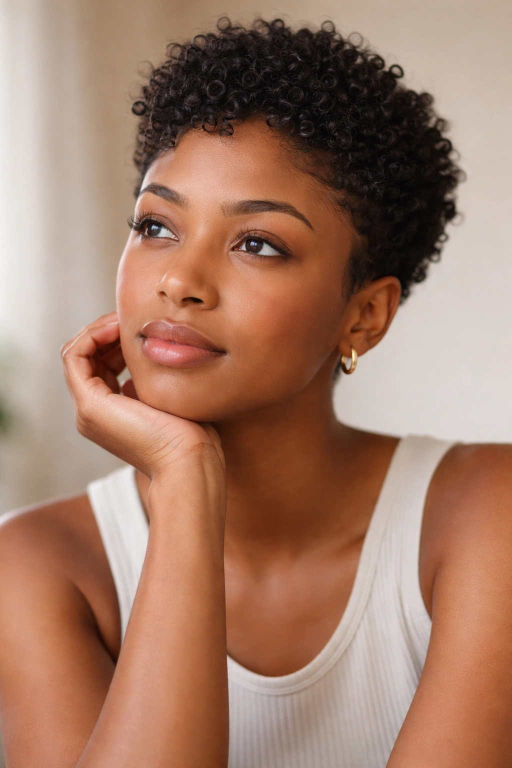 Thoughtful portrait of a person with short natural curls in a calm, reflective pose