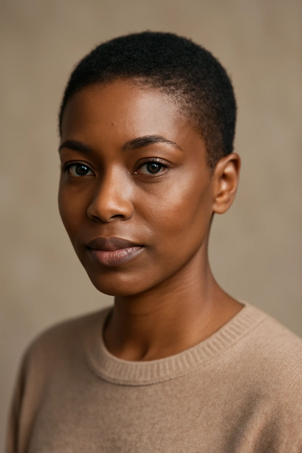 Close-up portrait of a Black woman with a chic short haircut in studio lighting