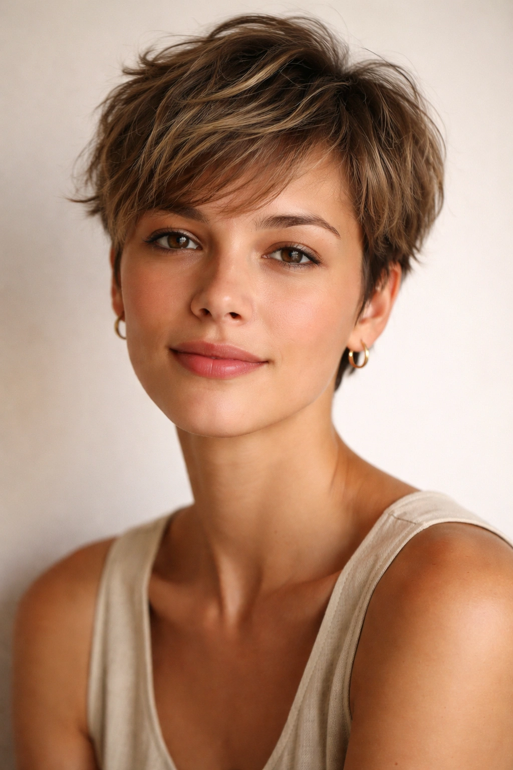 Close-up portrait of a person with short textured hair, calm expression, travel-friendly style