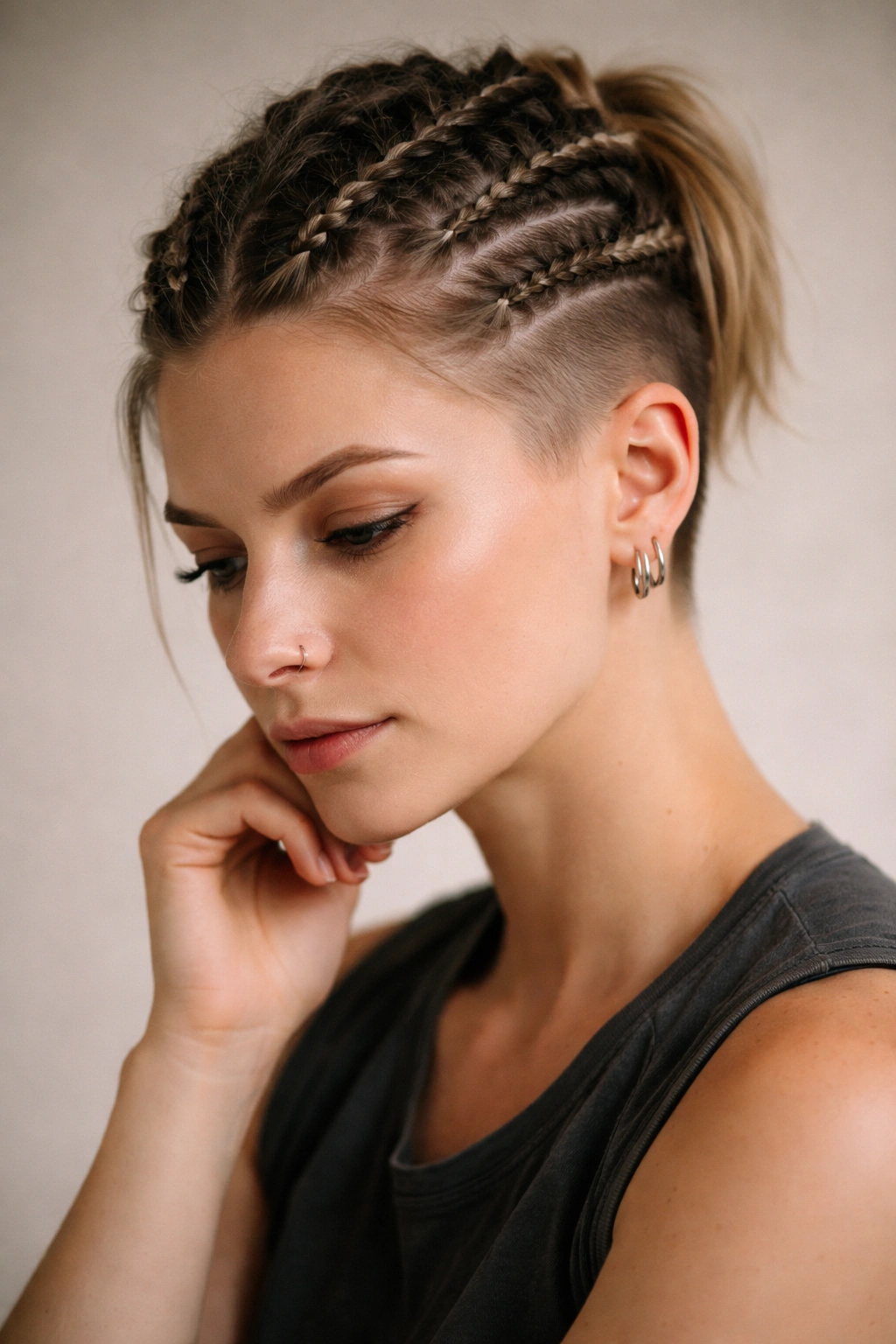 Contemplative portrait of someone with short hair and Viking-inspired braid