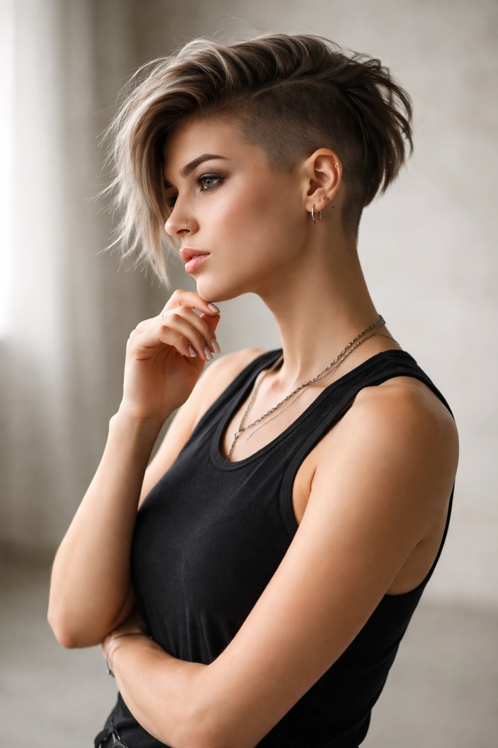 Contemplative person with a bold undercut hairstyle in a minimalist studio