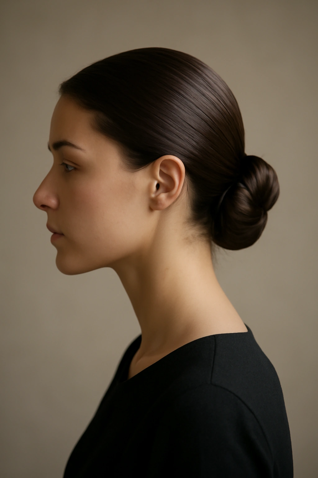 Portrait of a person with a polished low bun hairstyle in a neutral studio setting, emphasizing sleek, versatile hair