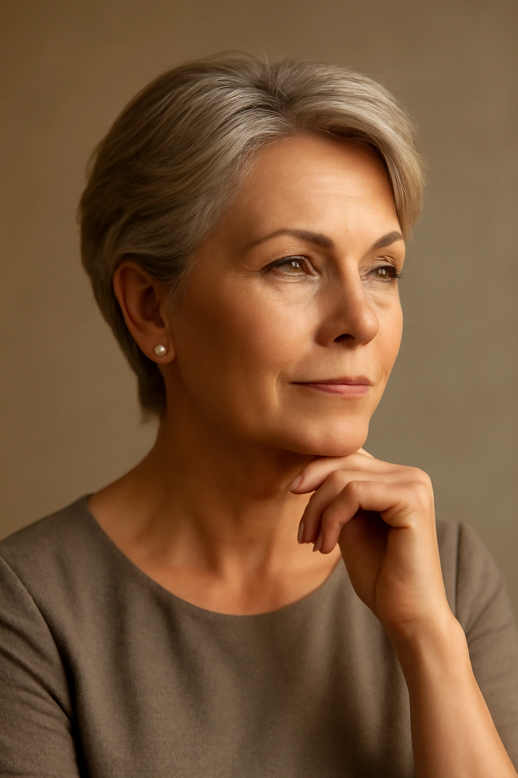Thoughtful portrait of a mature woman with elegant hairstyle