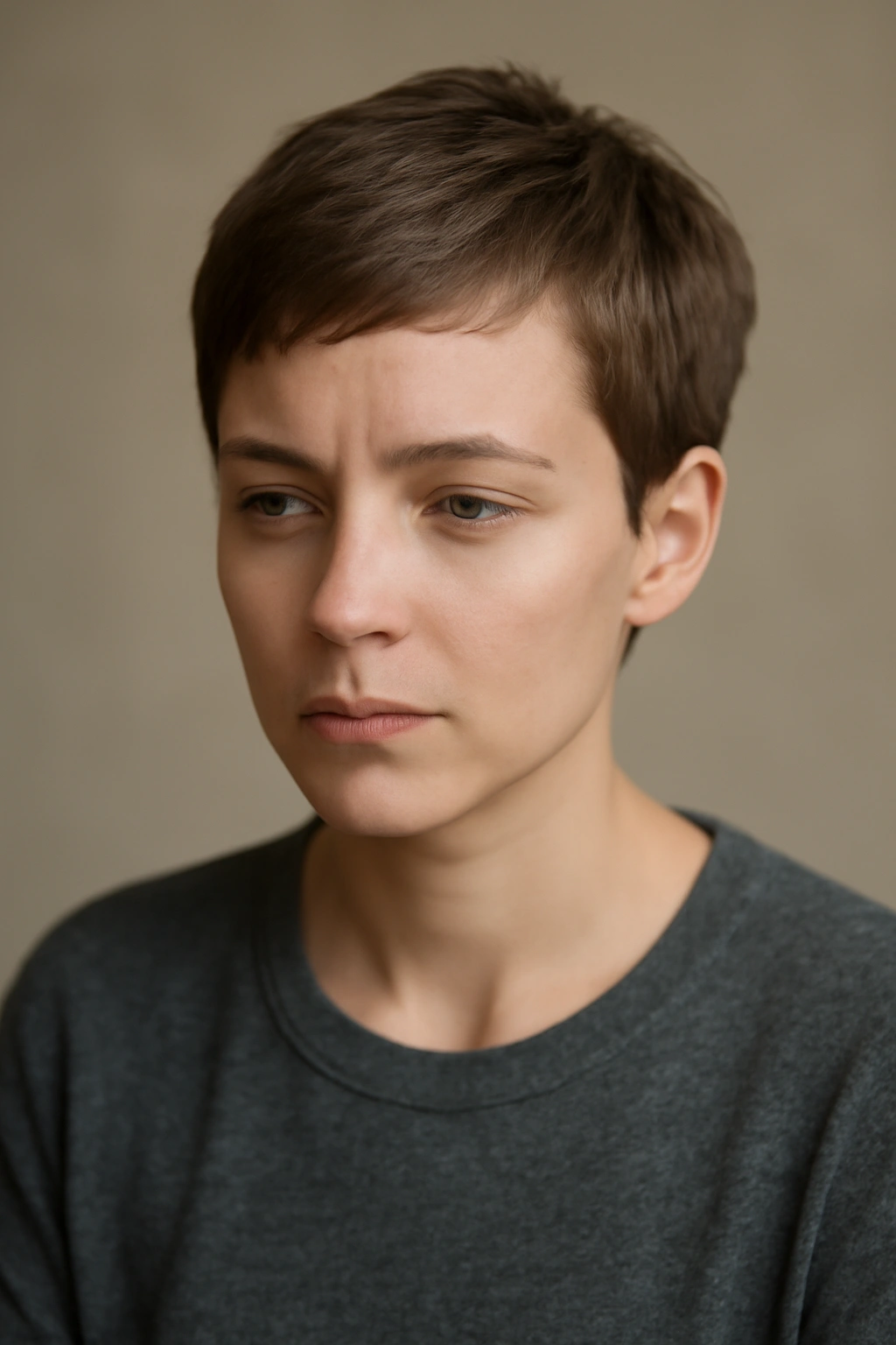 Contemplative portrait of a person with short hair