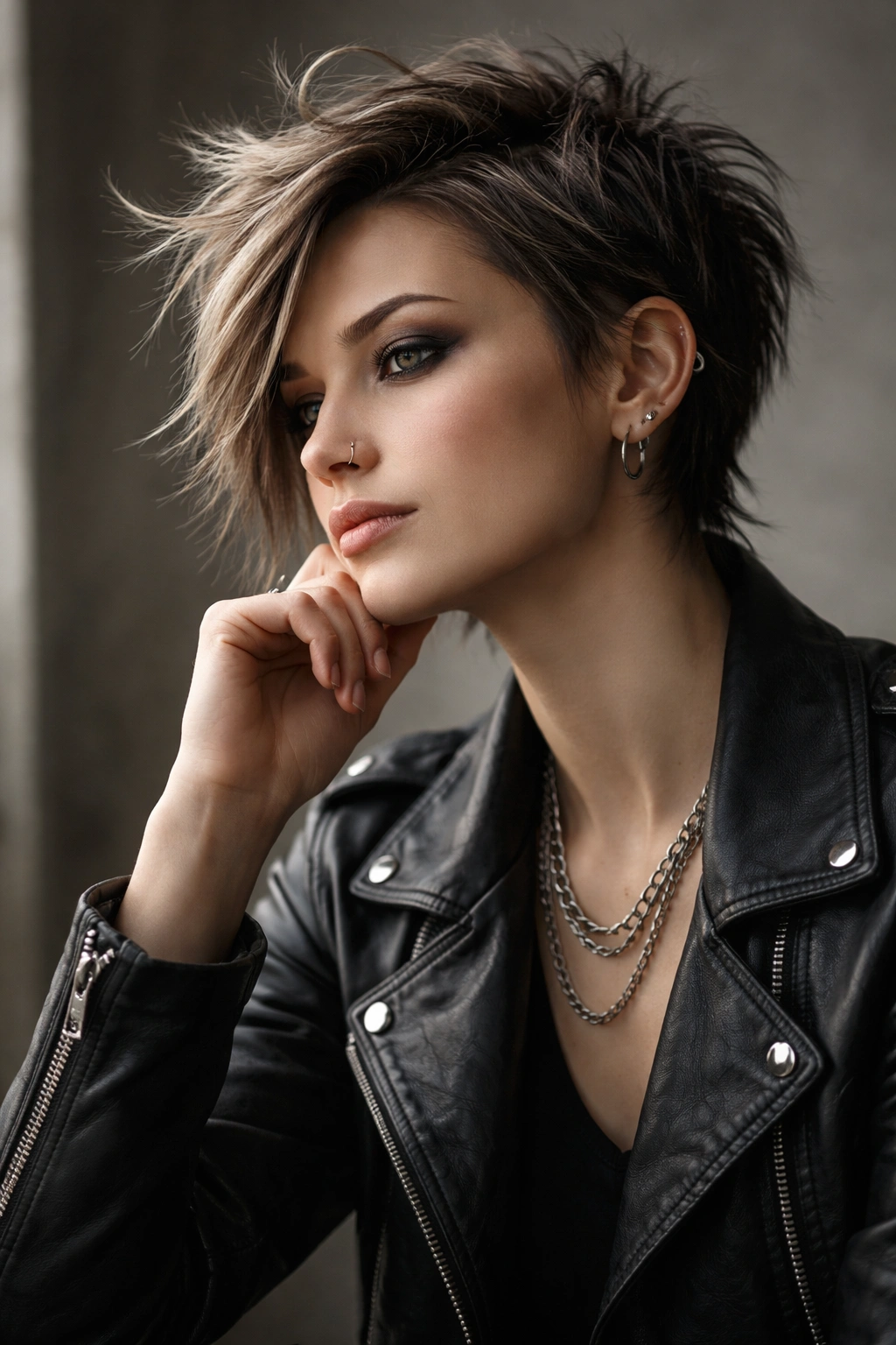 Contemplative portrait of a person with bold short haircut