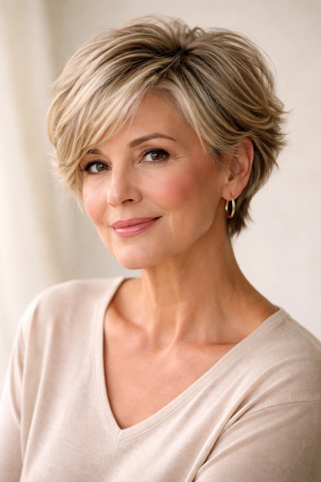 Mature woman with flattering round-face short hairstyle in studio portrait