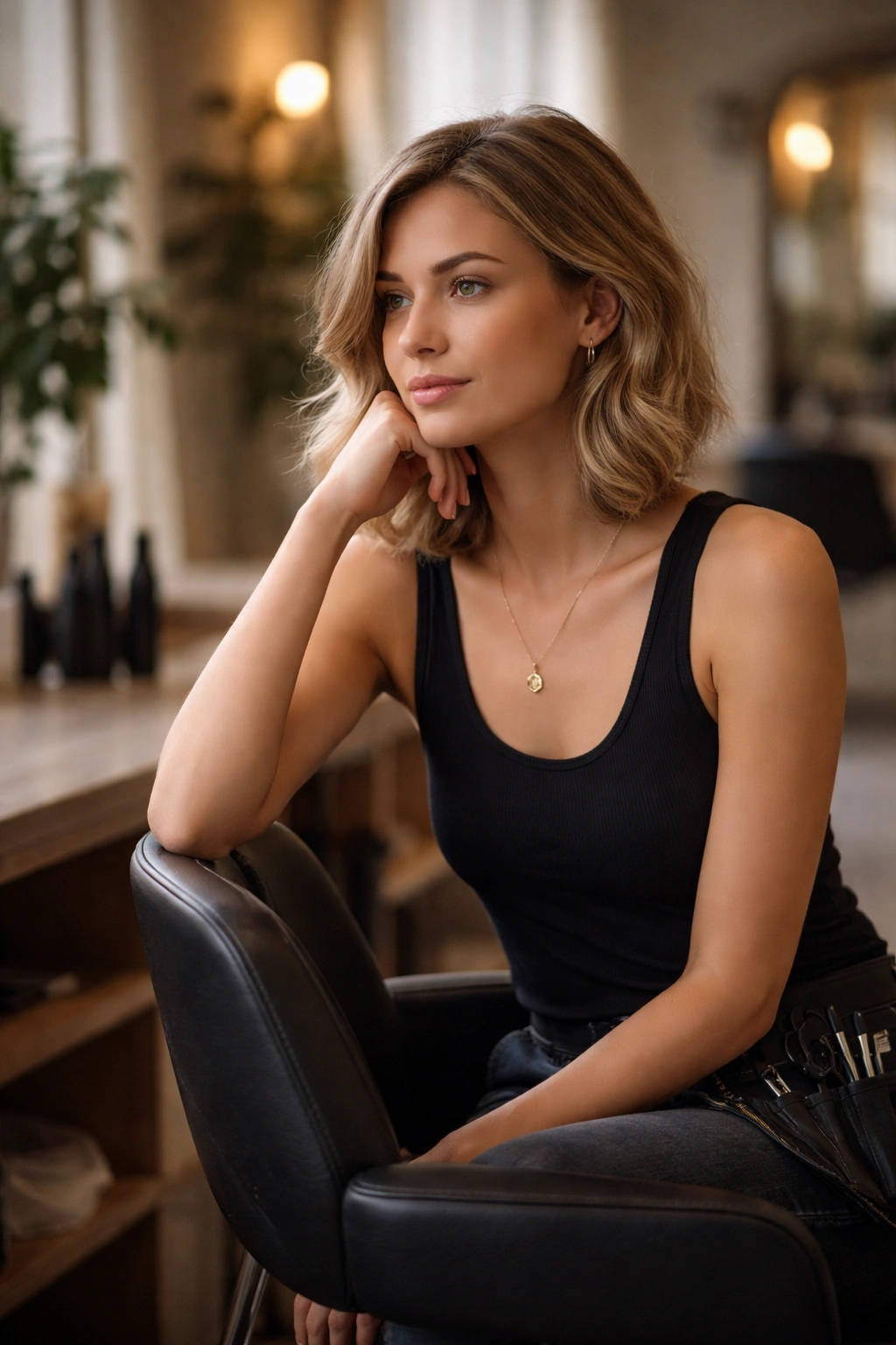 Contemplative salon scene illustrating final thoughts in selecting a razor cut bob