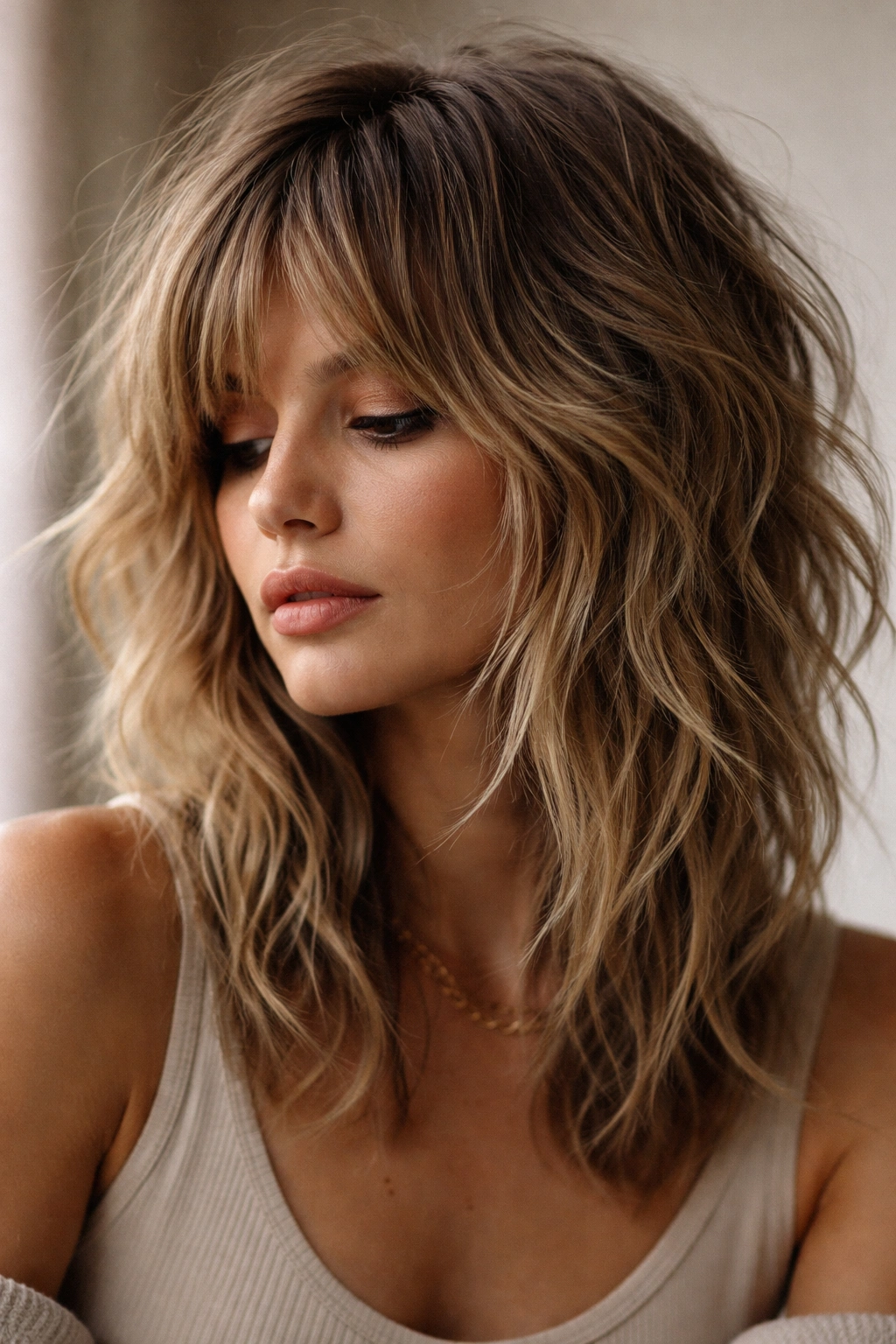 Contemplative portrait highlighting a textured medium shag in editorial mood
