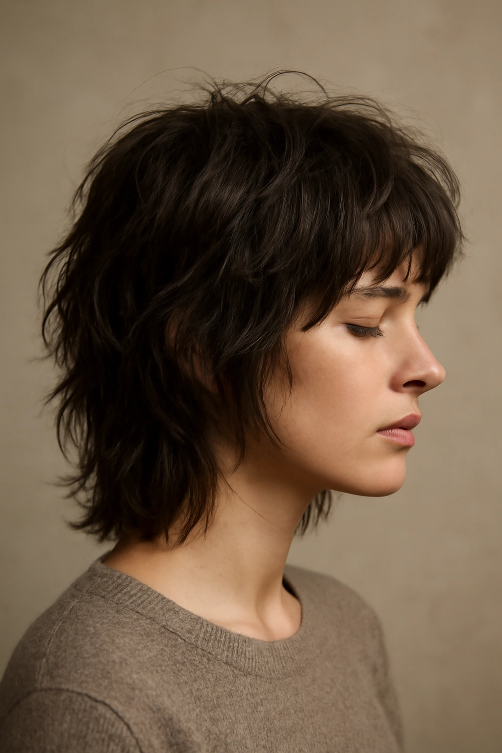 Profile portrait of a person with a shag haircut in a calm studio