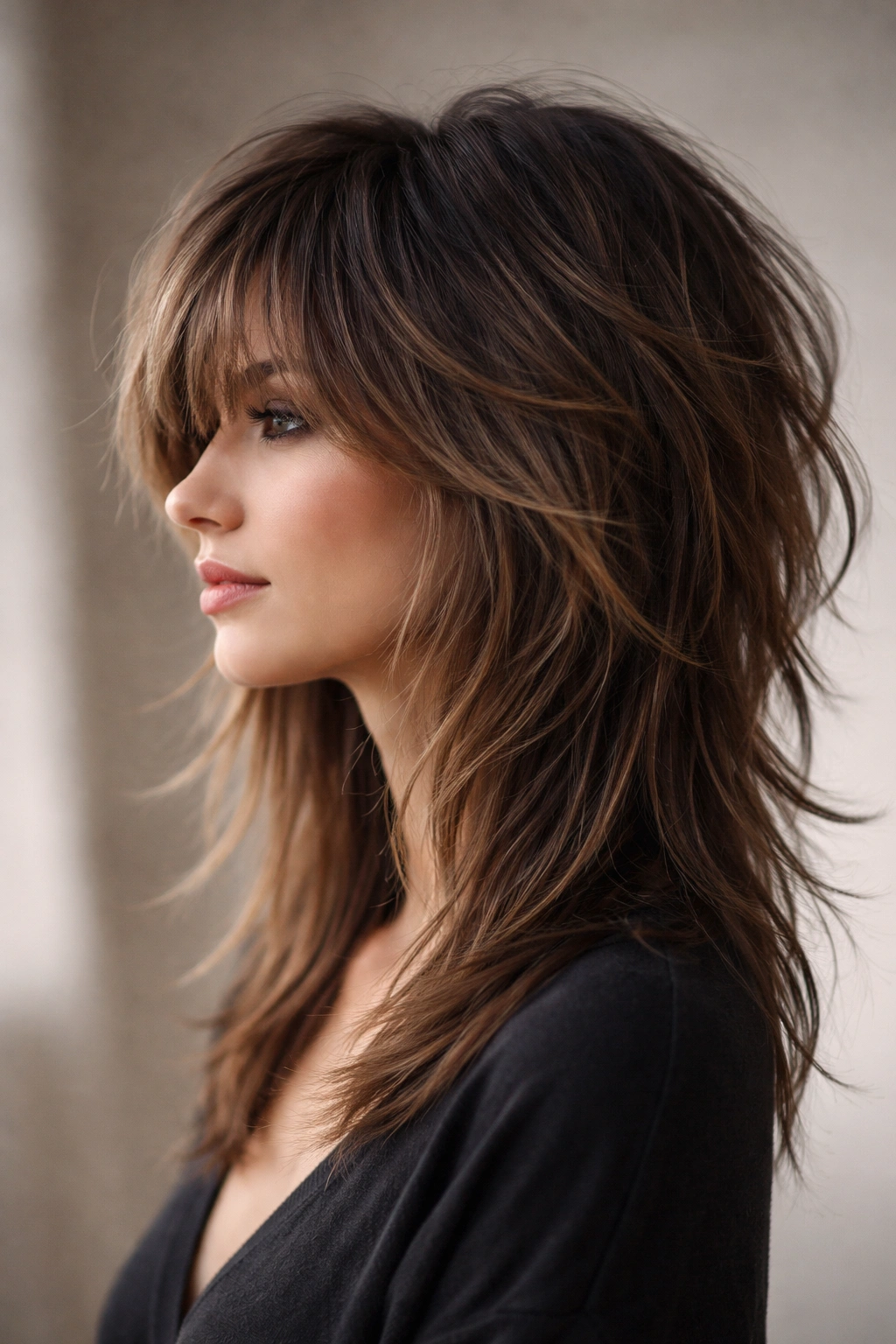 Side-profile portrait of a person with a chic shag haircut