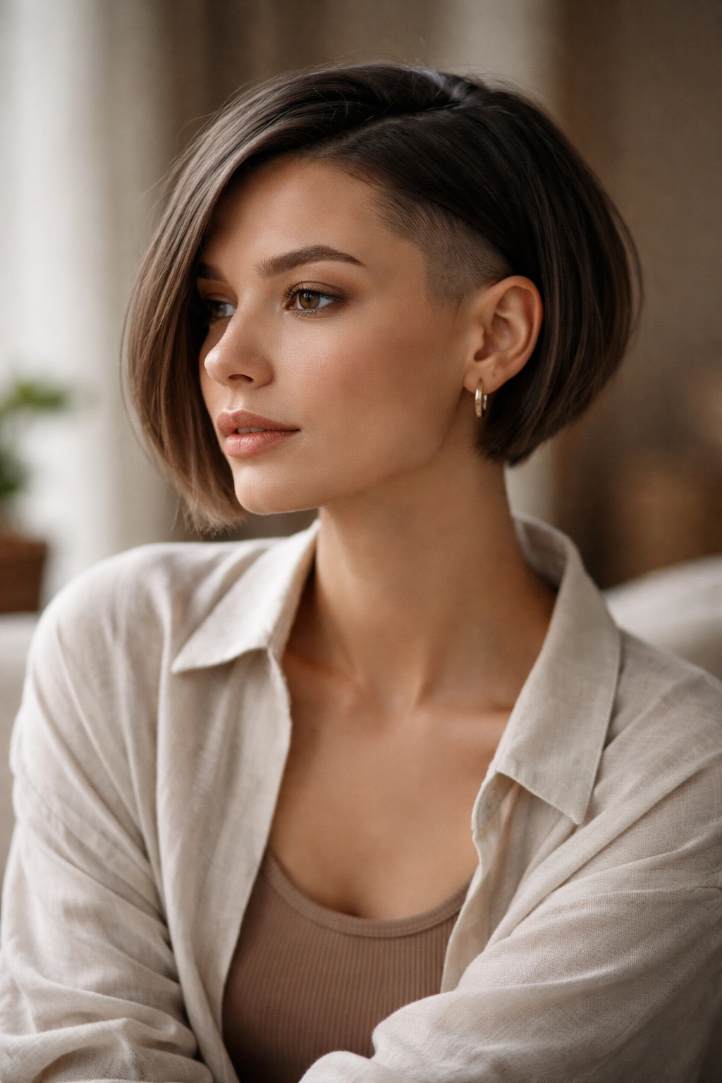 Thoughtful portrait of a person with a shaved bob in soft light