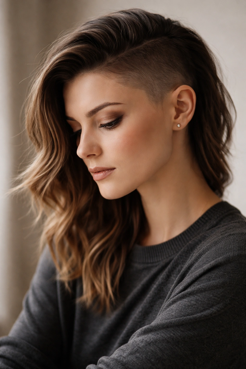 Thoughtful portrait with shaved sides, reflecting on hairstyle versatility