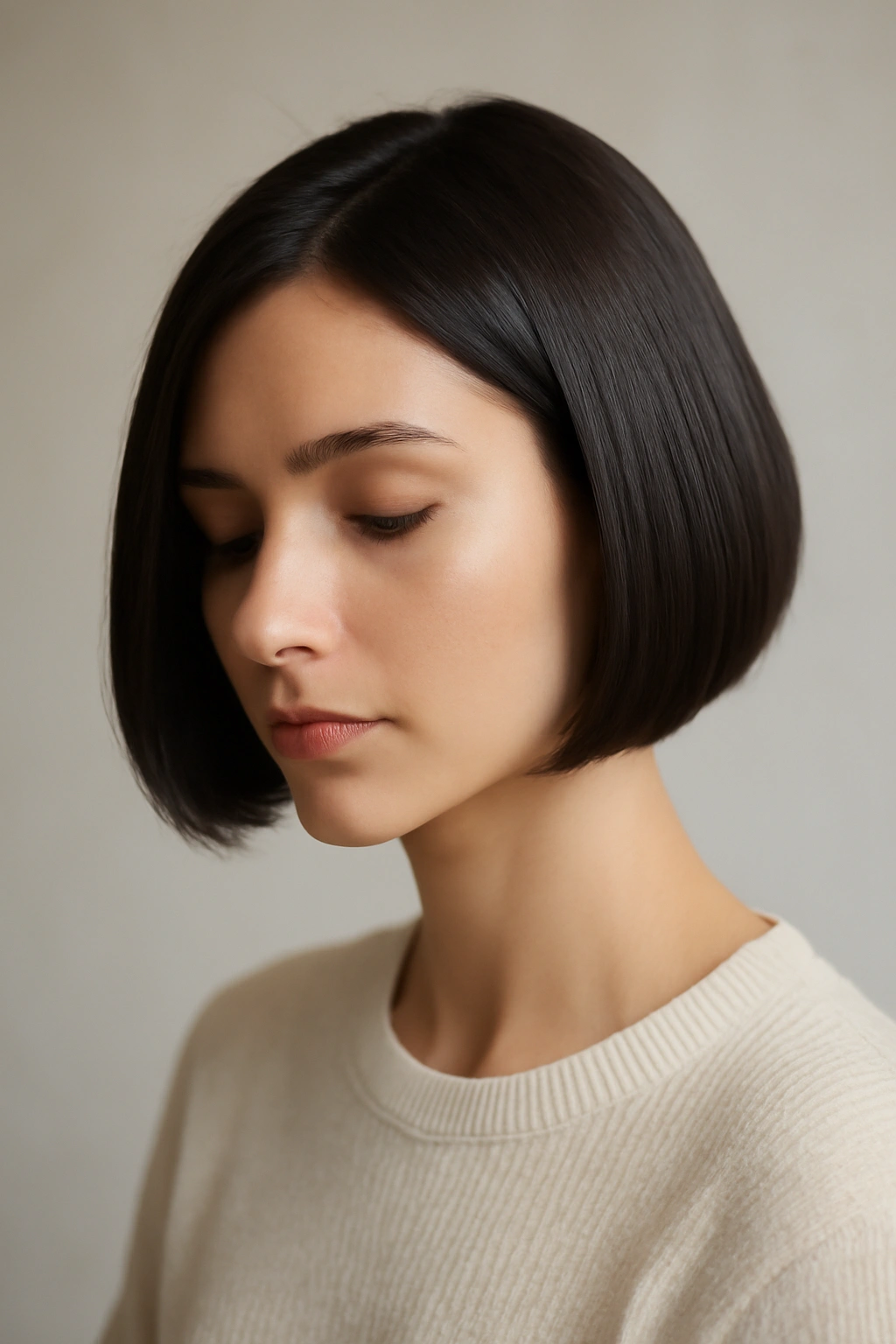 Portrait of a person with a sleek short bob haircut in a neutral studio, highlighting hair shape and texture.