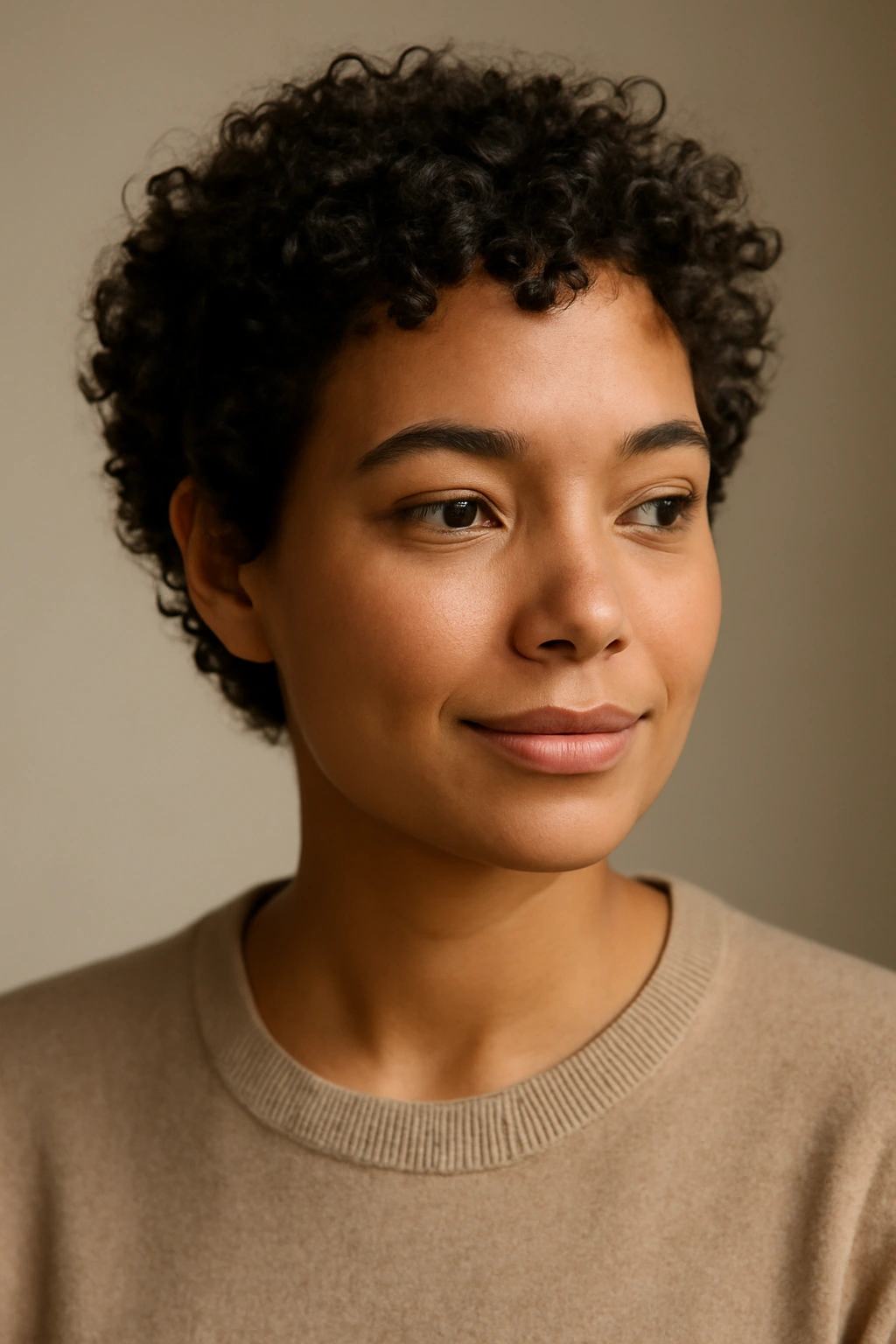 Close-up portrait of a person with short natural curls in a minimalist studio