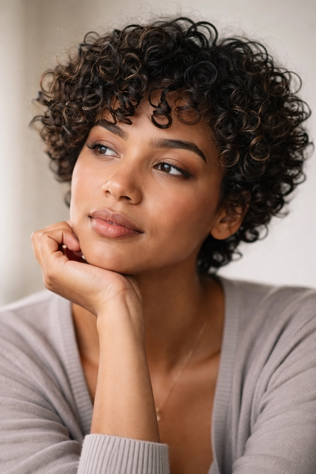 Close-up portrait of a person with short curly hair, thoughtful expression, emphasizing curl texture and definition