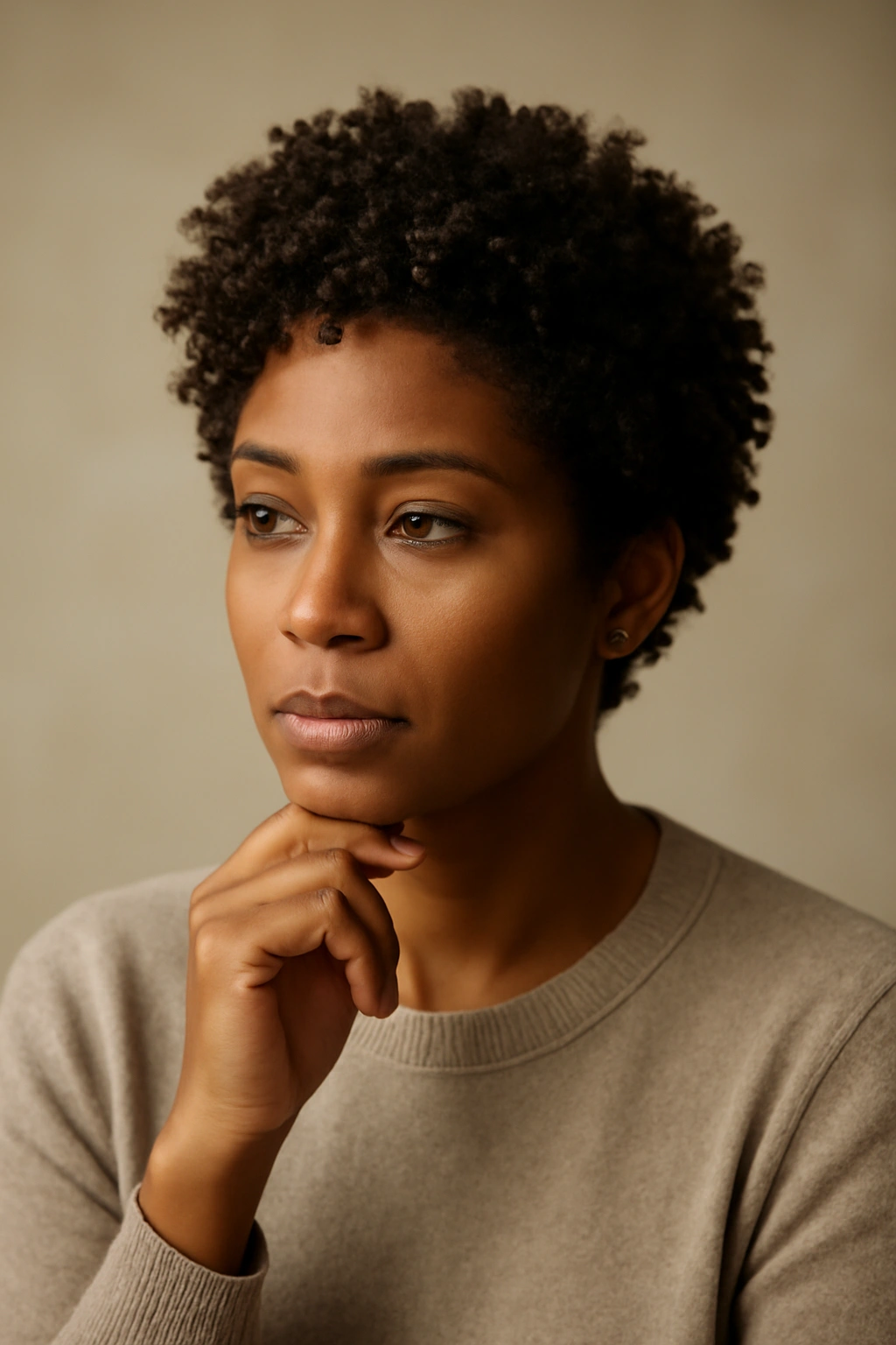 Thoughtful portrait of someone with short 3C hairstyle