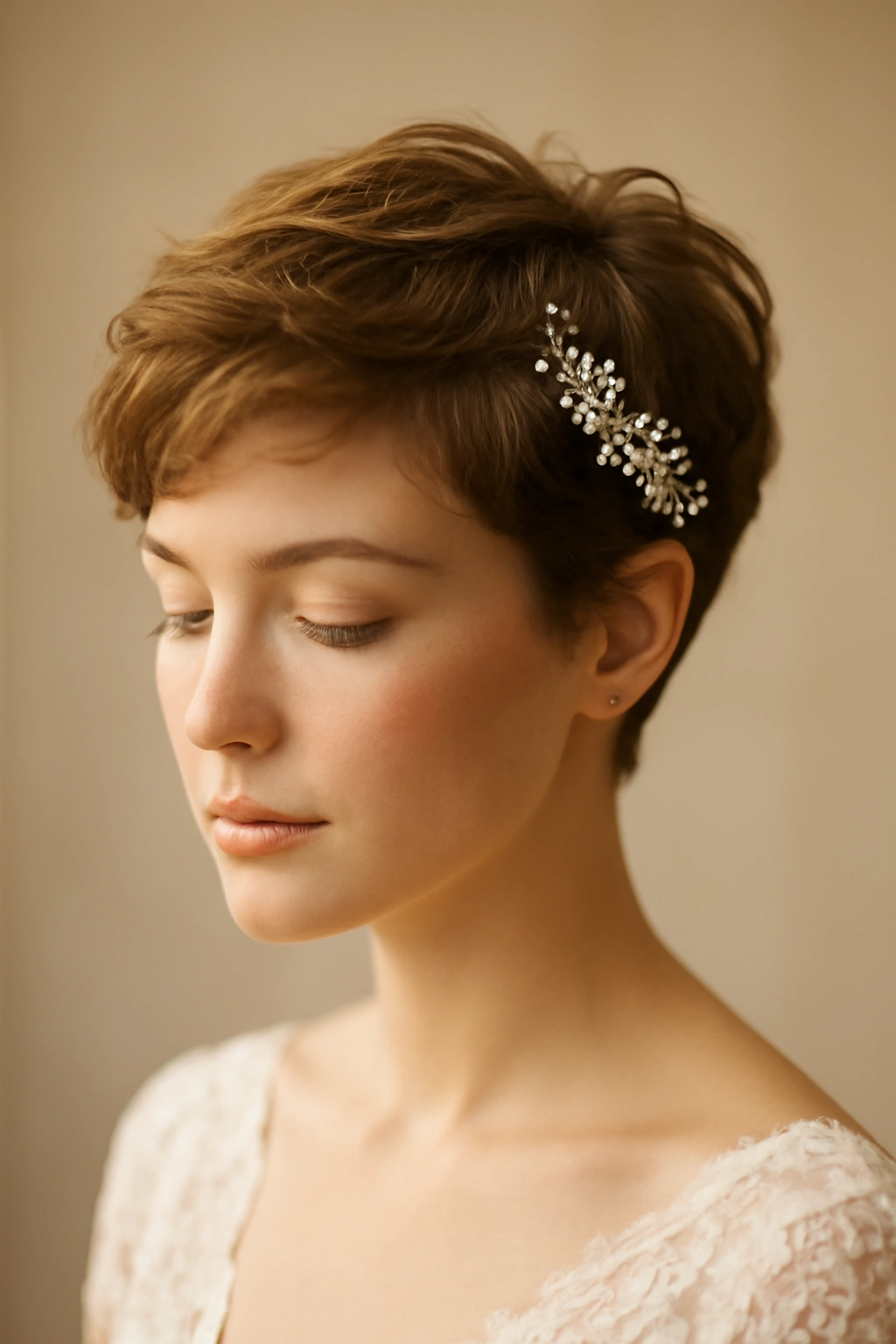 Close-up of a refined short wedding hairstyle in soft light.