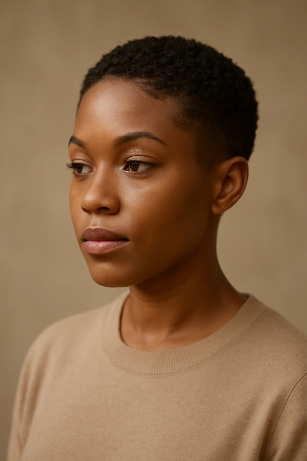 Confident Black woman with a short haircut, thoughtful expression.